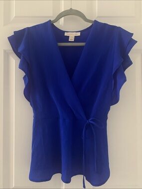 Monteau Royal Blue Ruffle Sleeve Wrap Blouse